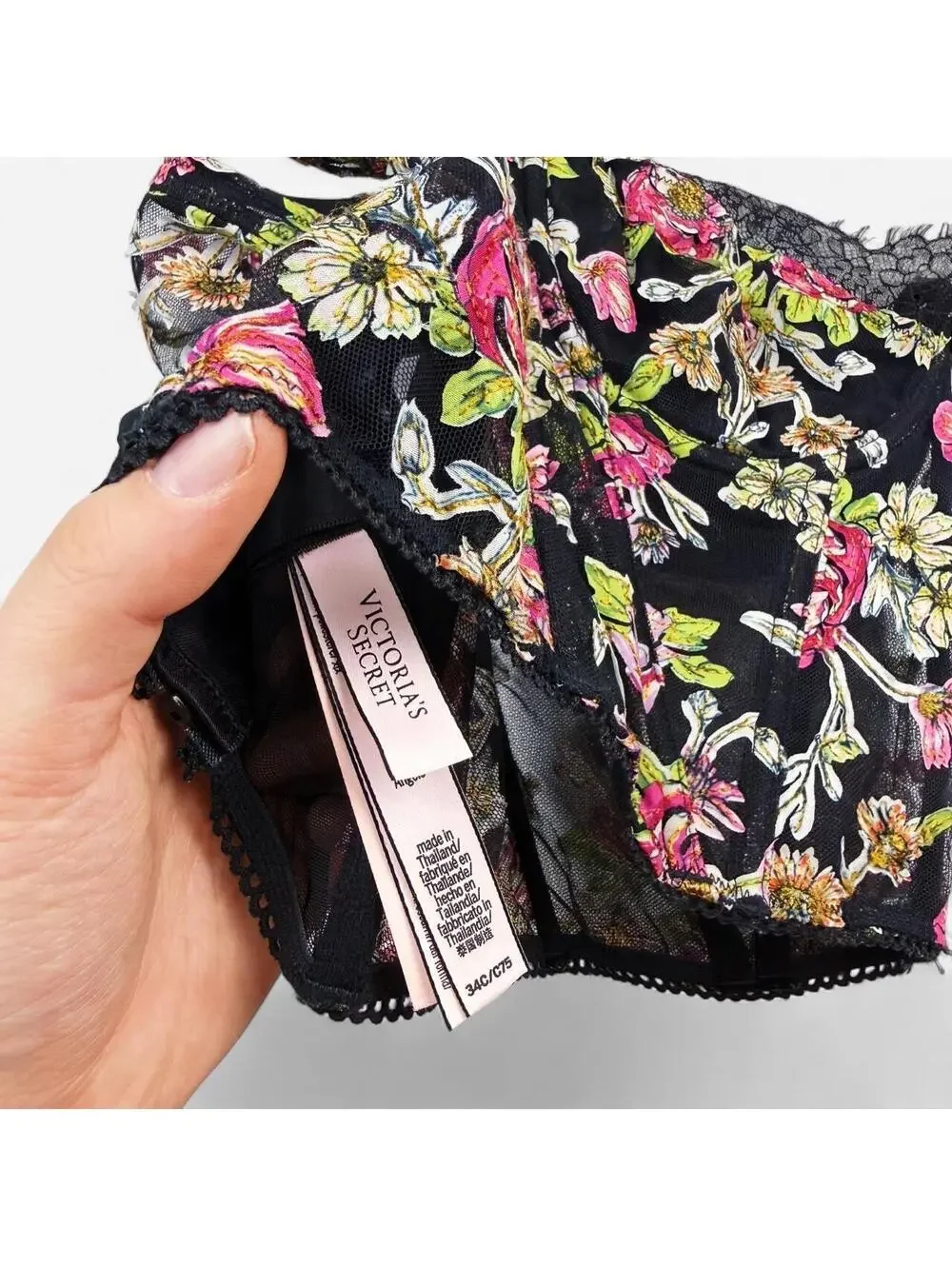 Victoria's Secret Floral Mesh Lace Up Corset Bustier Top in Black